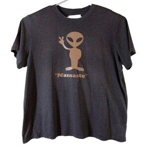 Boho Alien Men's T-Shirt 2XL Dark Gray/Beige "Namaste" Peace Sign Streetwear